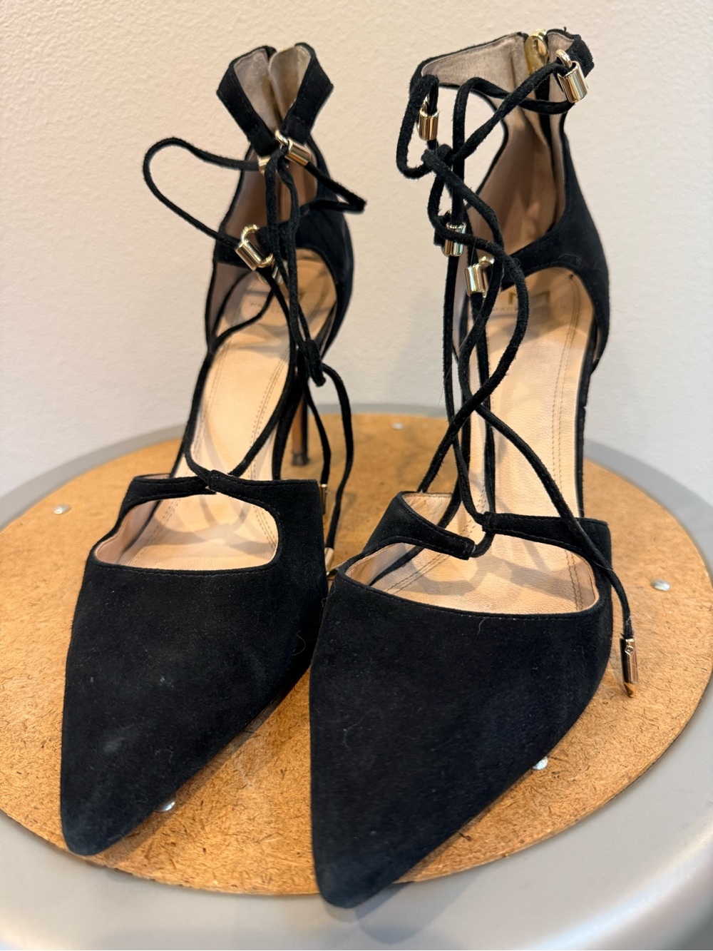 Marc Fisher Truthe Black Lace-Up Pointed Toe Heels with Gold Accents
